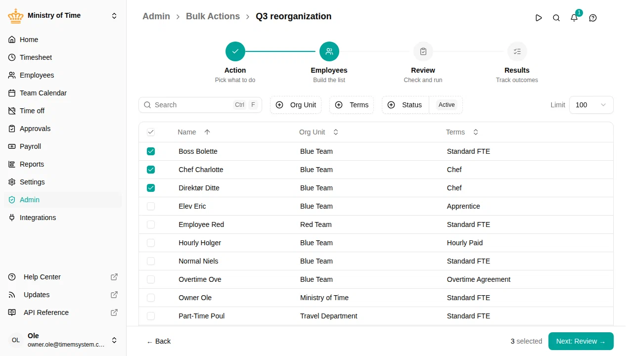 Bulk change wizard, employee selection step