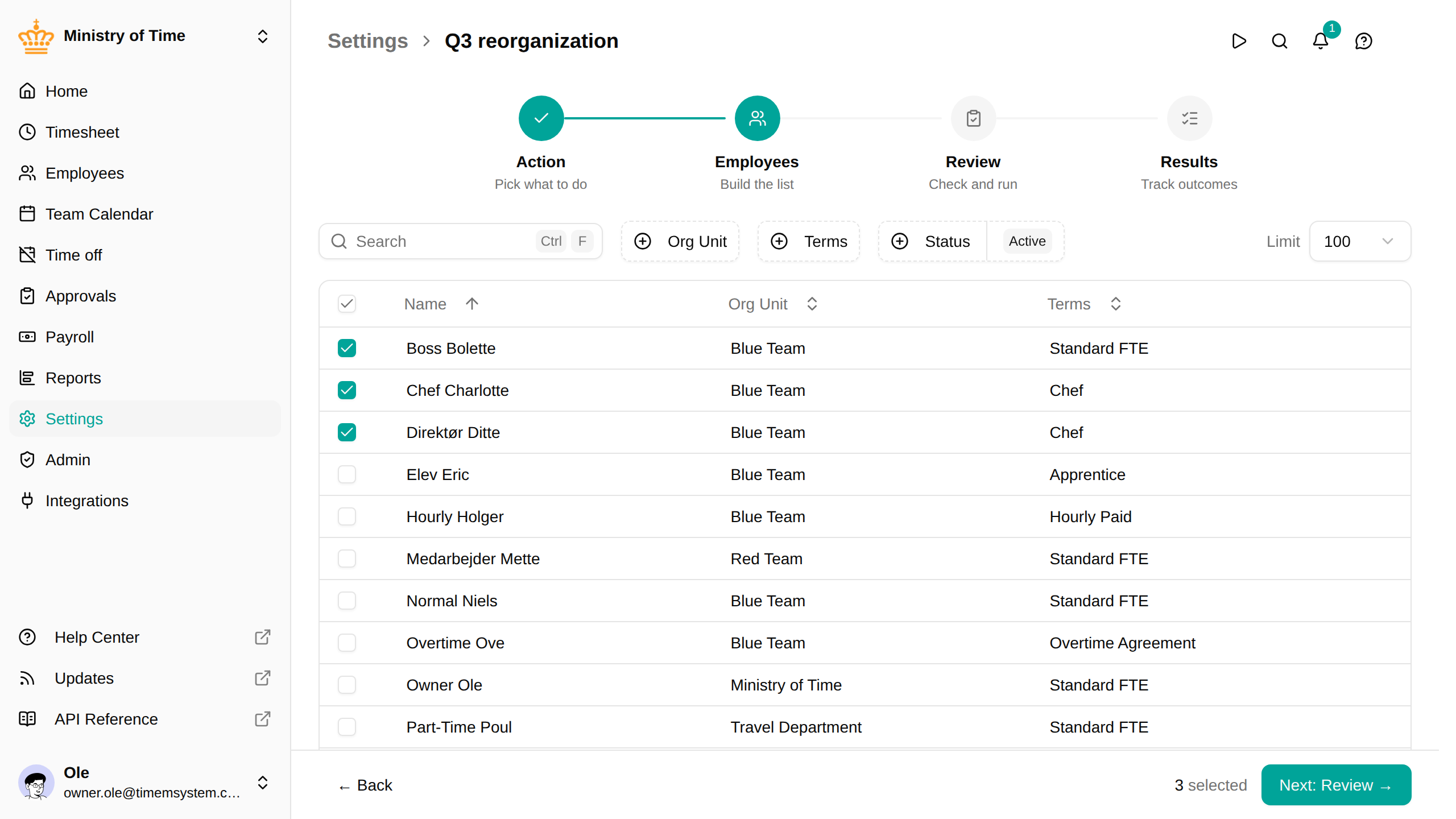 Bulk change wizard, employee selection step