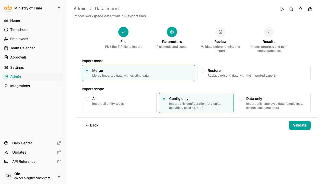Import wizard, parameters step