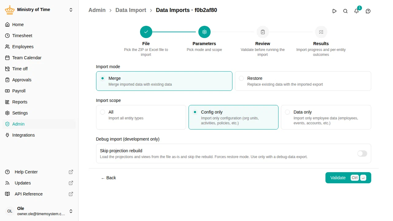 Import wizard, parameters step