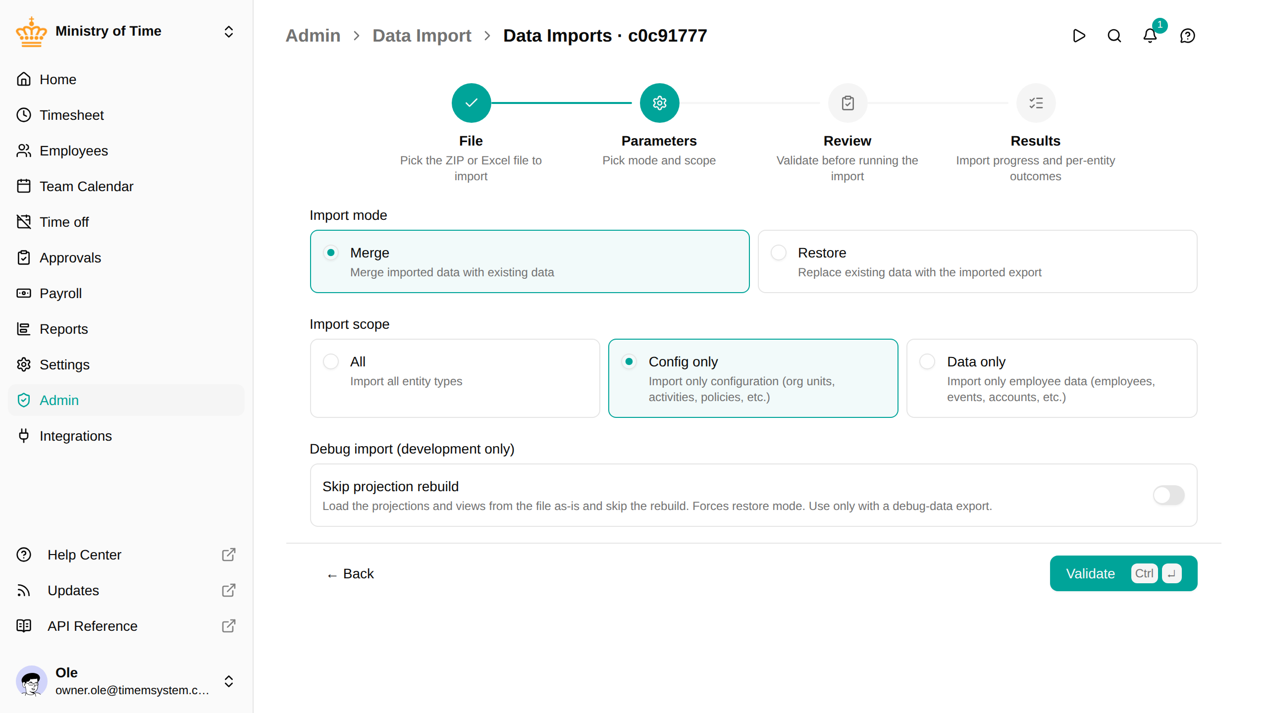 Import wizard, parameters step