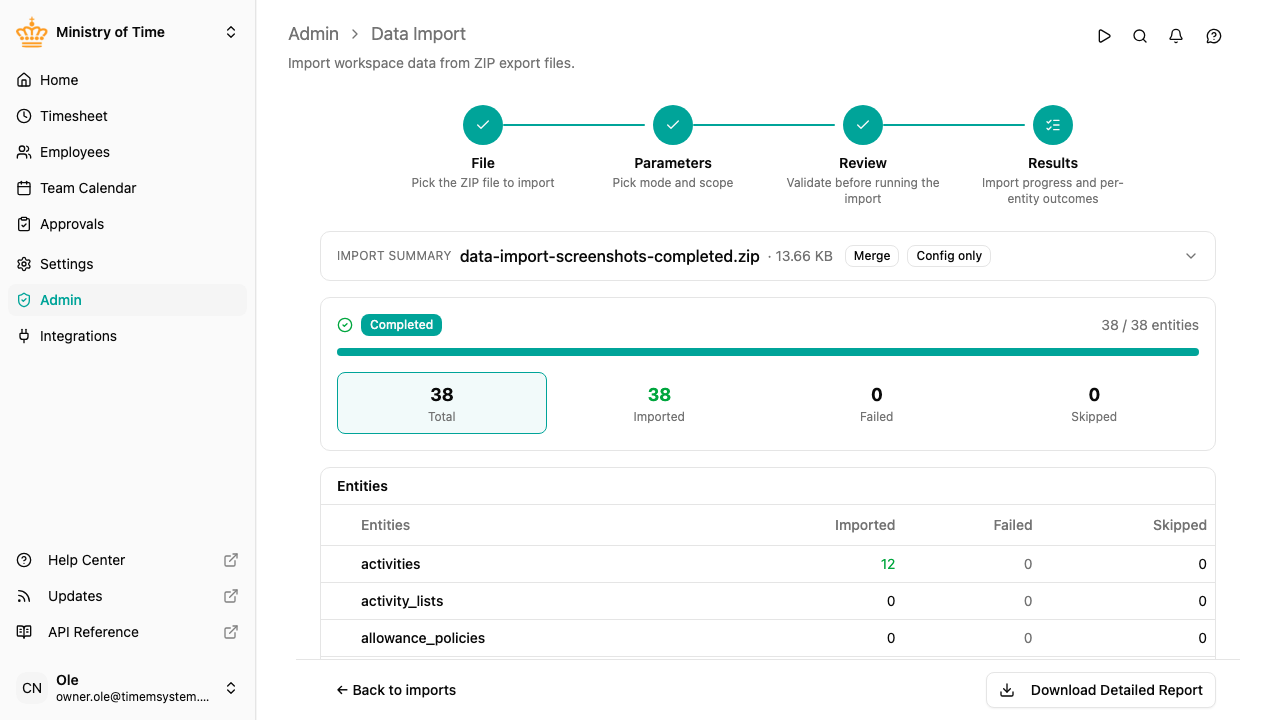 Import wizard, results step