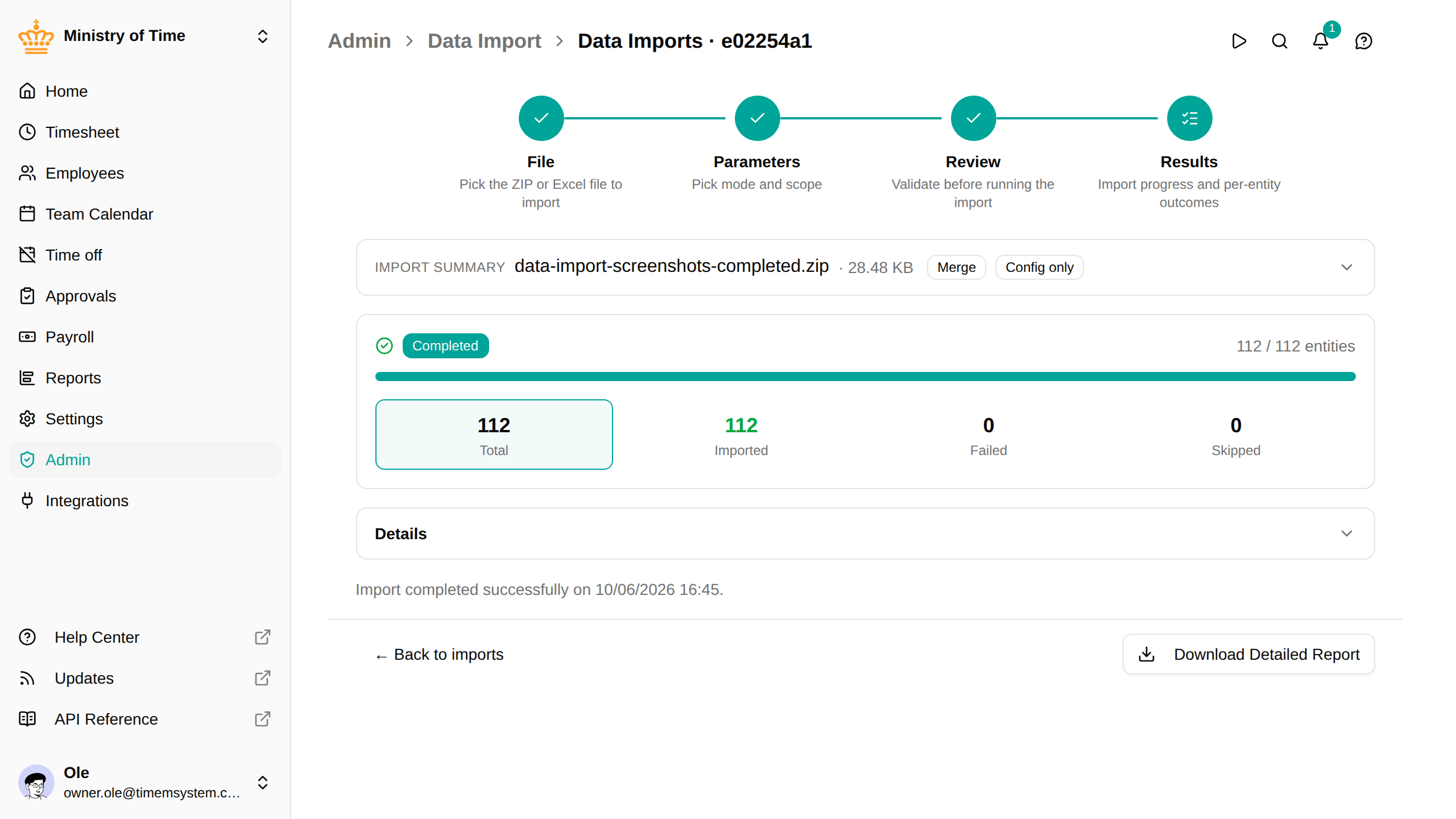 Import wizard, results step
