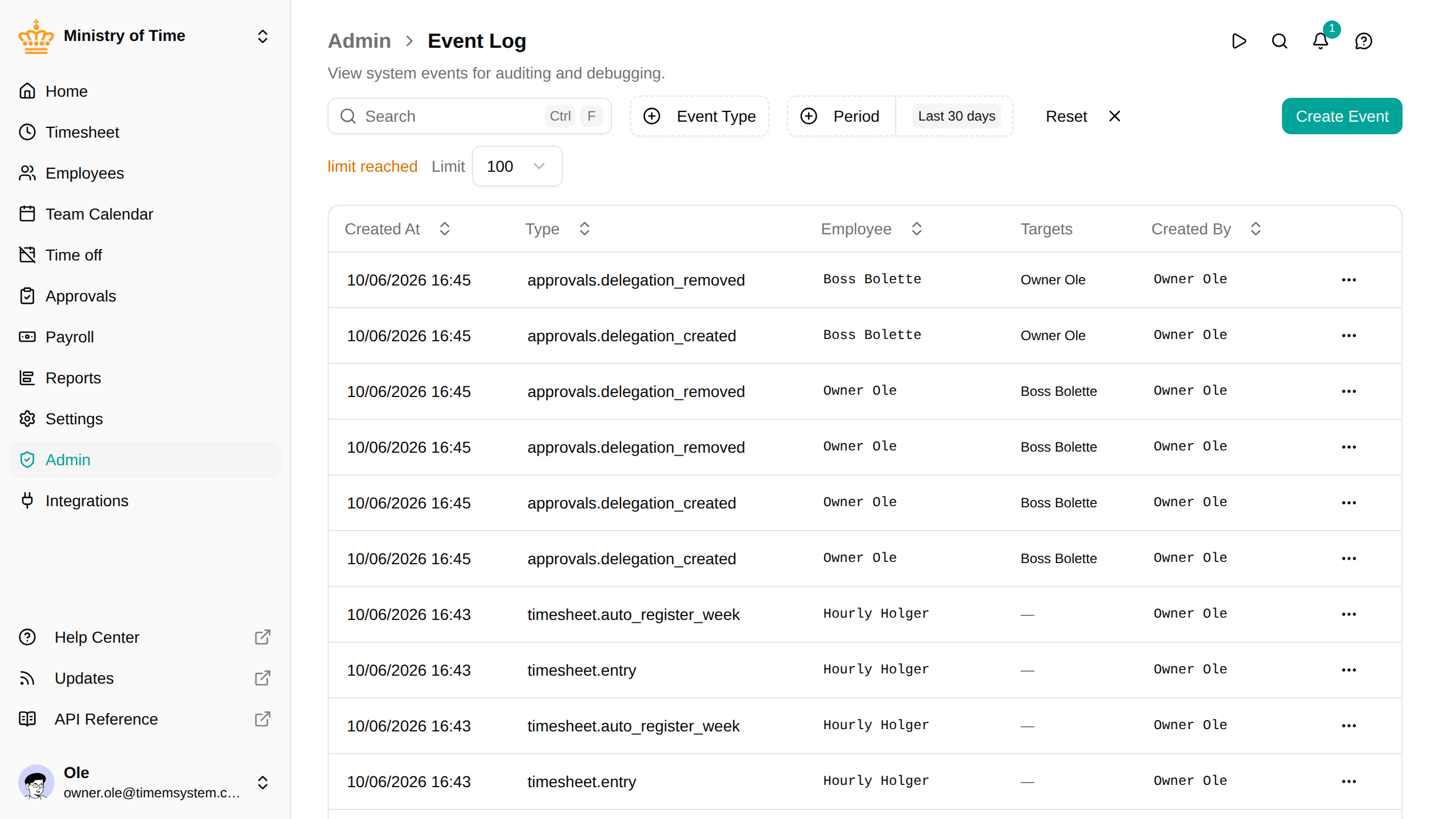 The event log with timestamp, type, employee, and the period filter