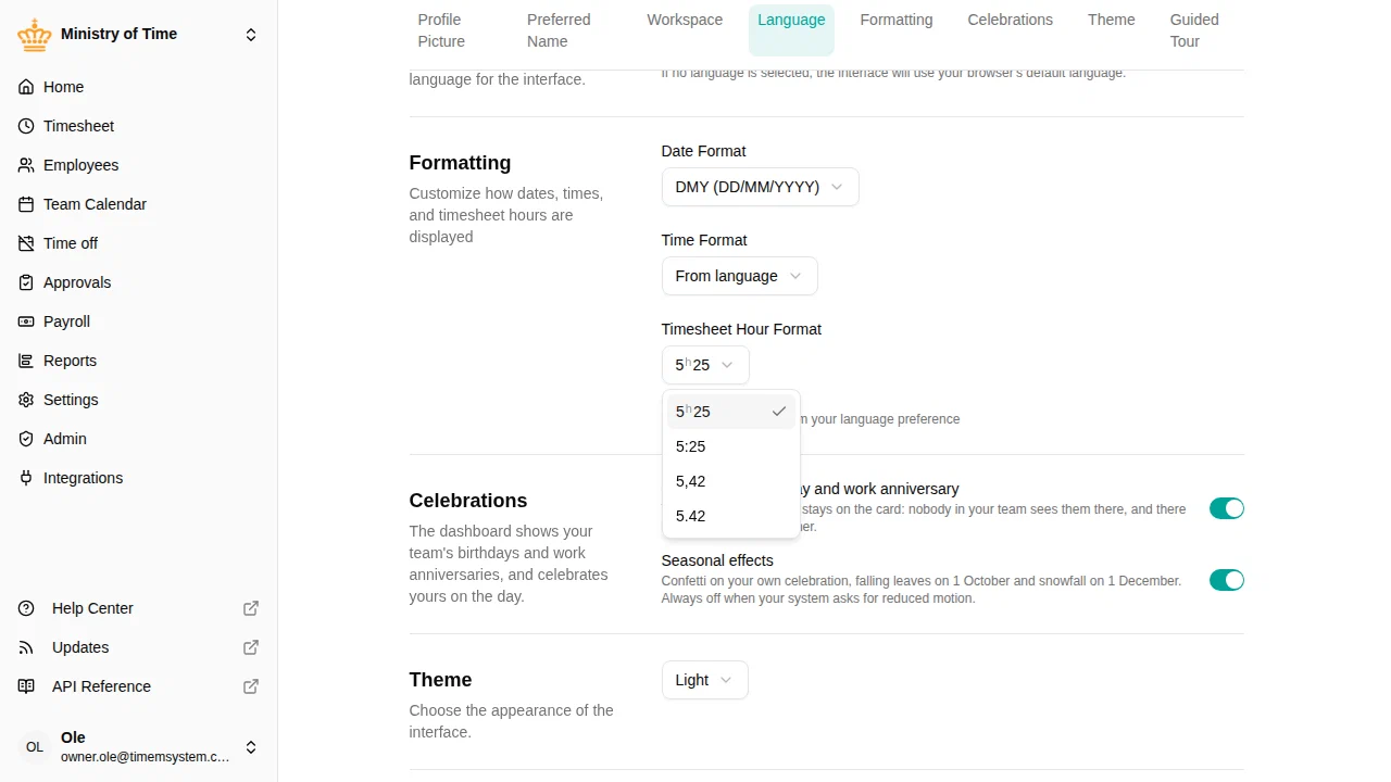 Timesheet Hour Format setting in Preferences