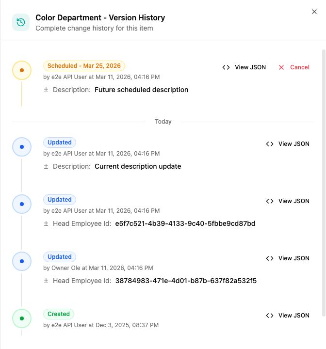 Version history drawer showing scheduled and applied changes