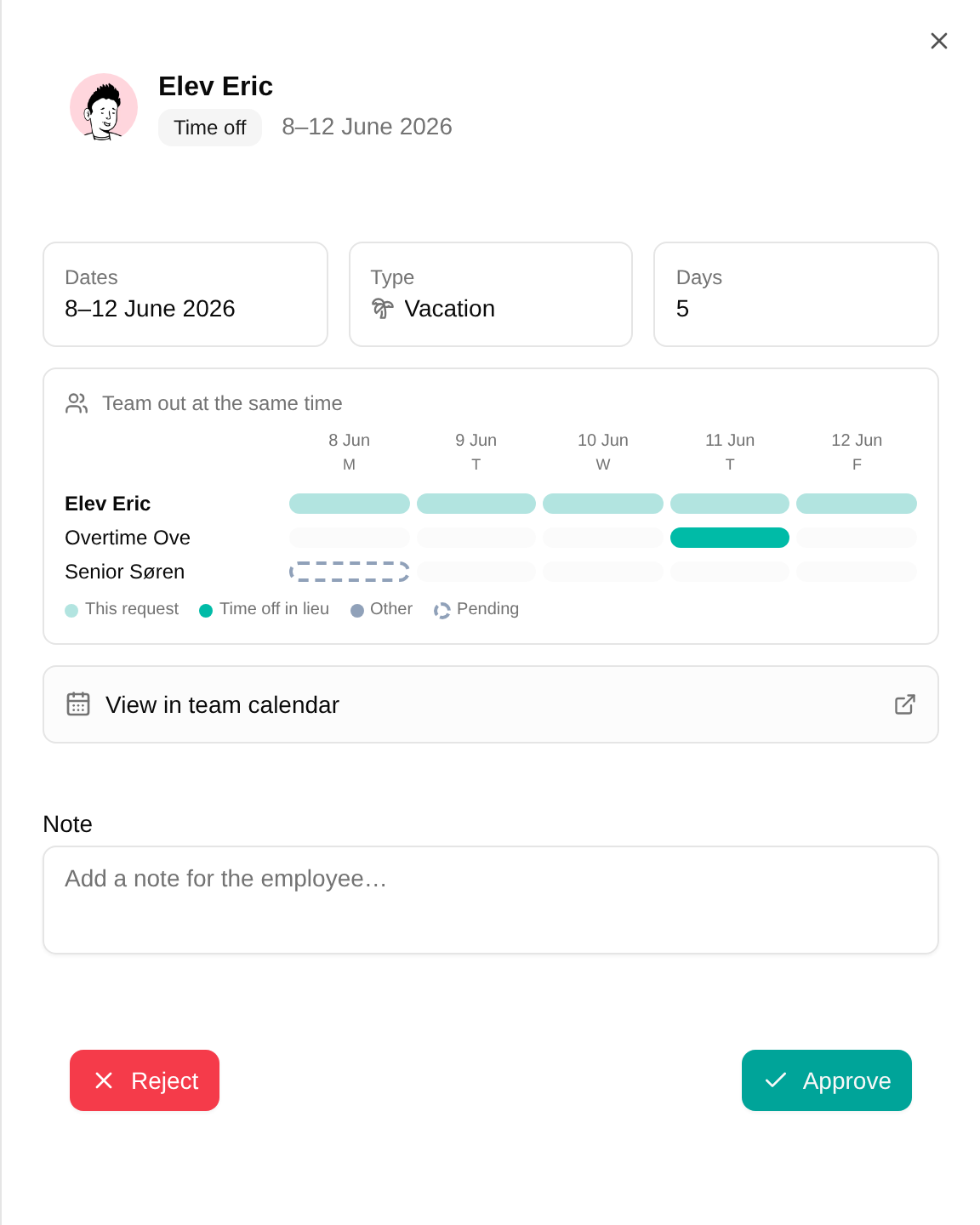Time-off detail with team overlap grid