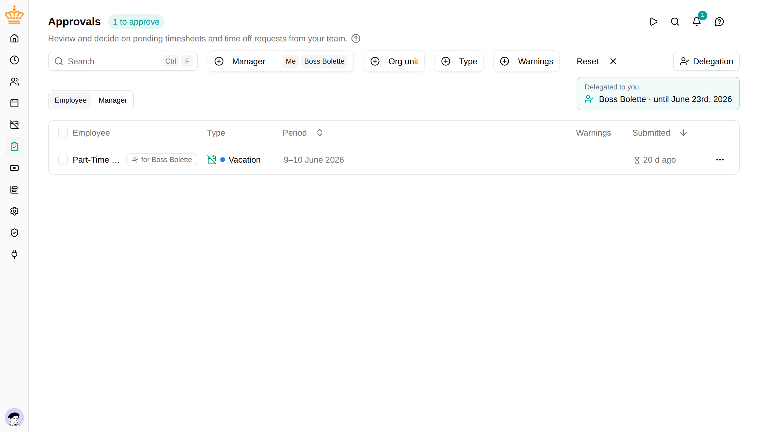 The approvals inbox while covering for another manager