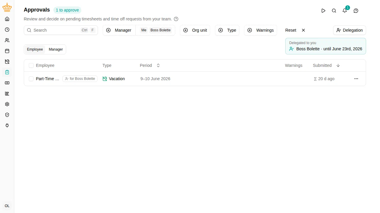 The approvals inbox while covering for another manager