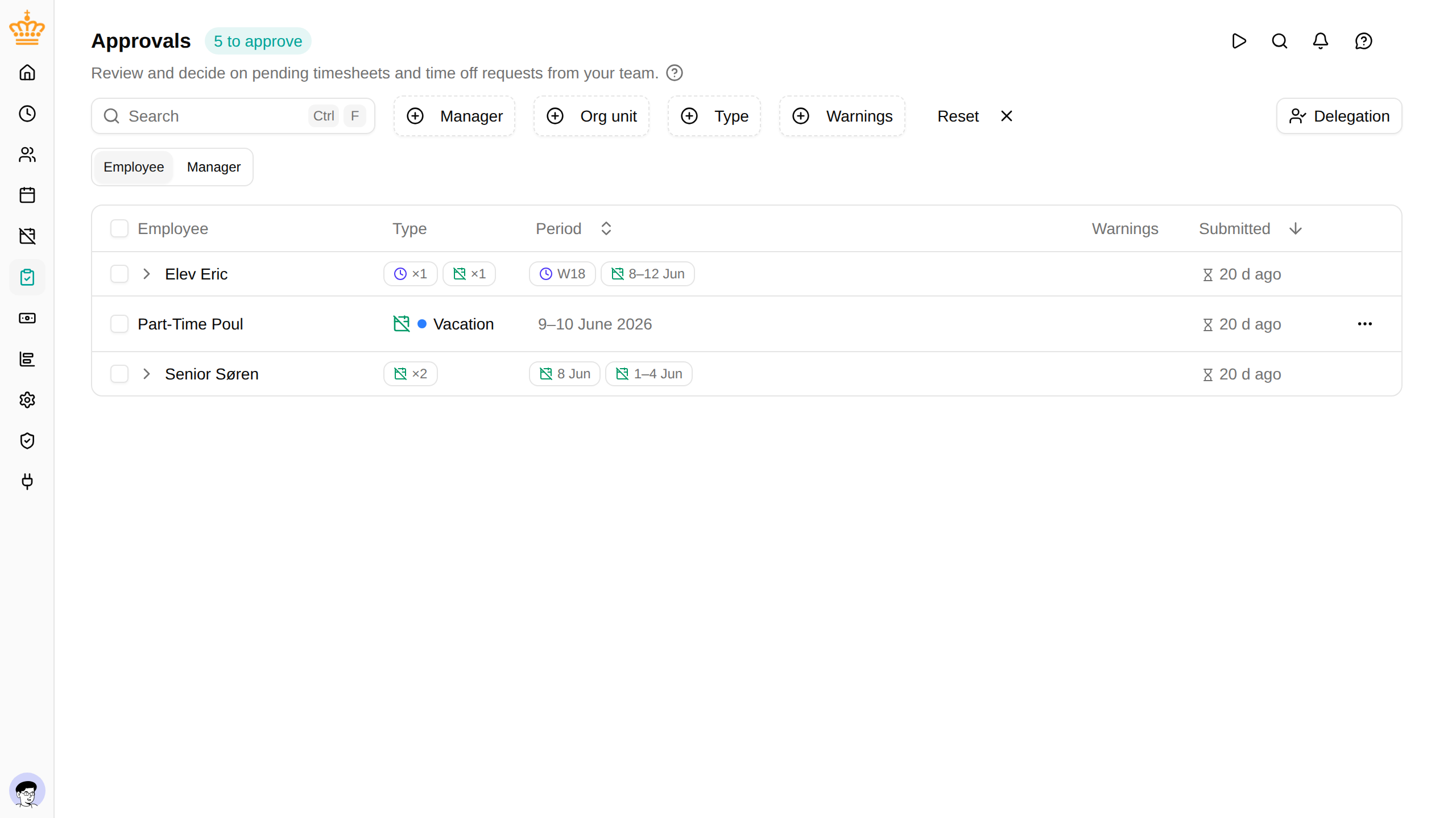 Approvals inbox grouped by employee