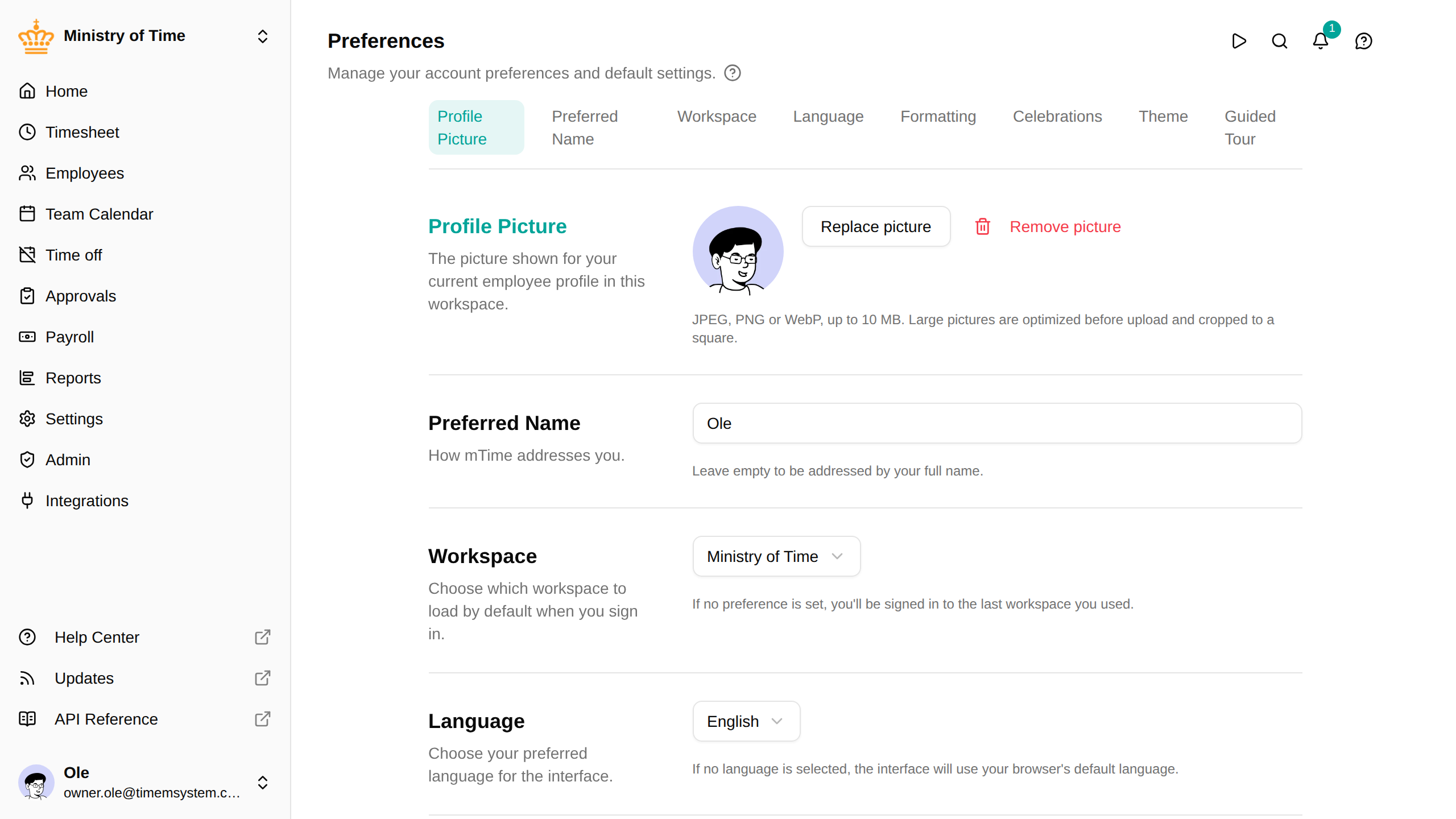 Preferences page