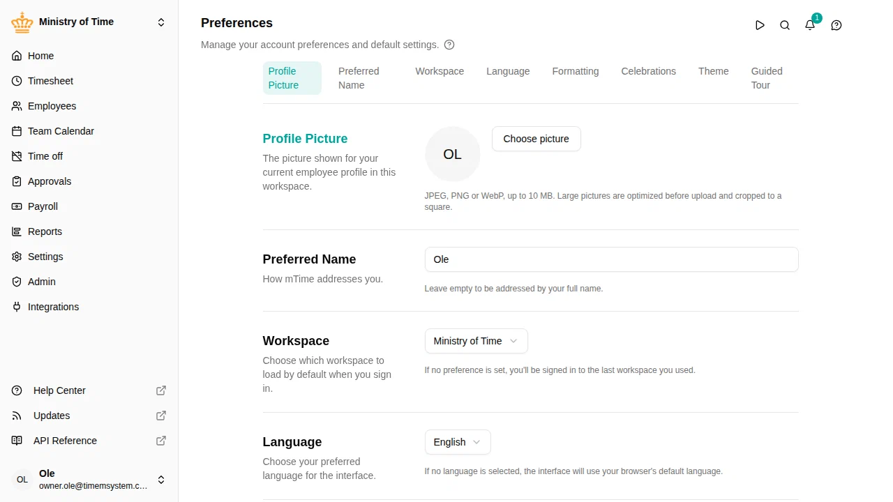 Preferences page