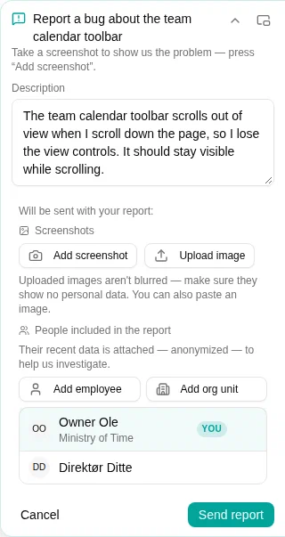 AI-assistenten viser en rapport med en redigerbar beskrivelse