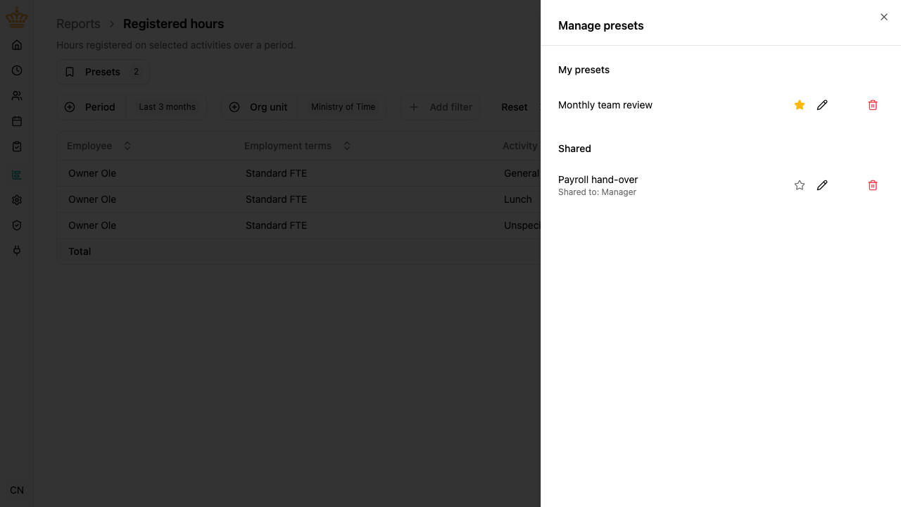 Manage presets panel listing personal and shared presets with their actions