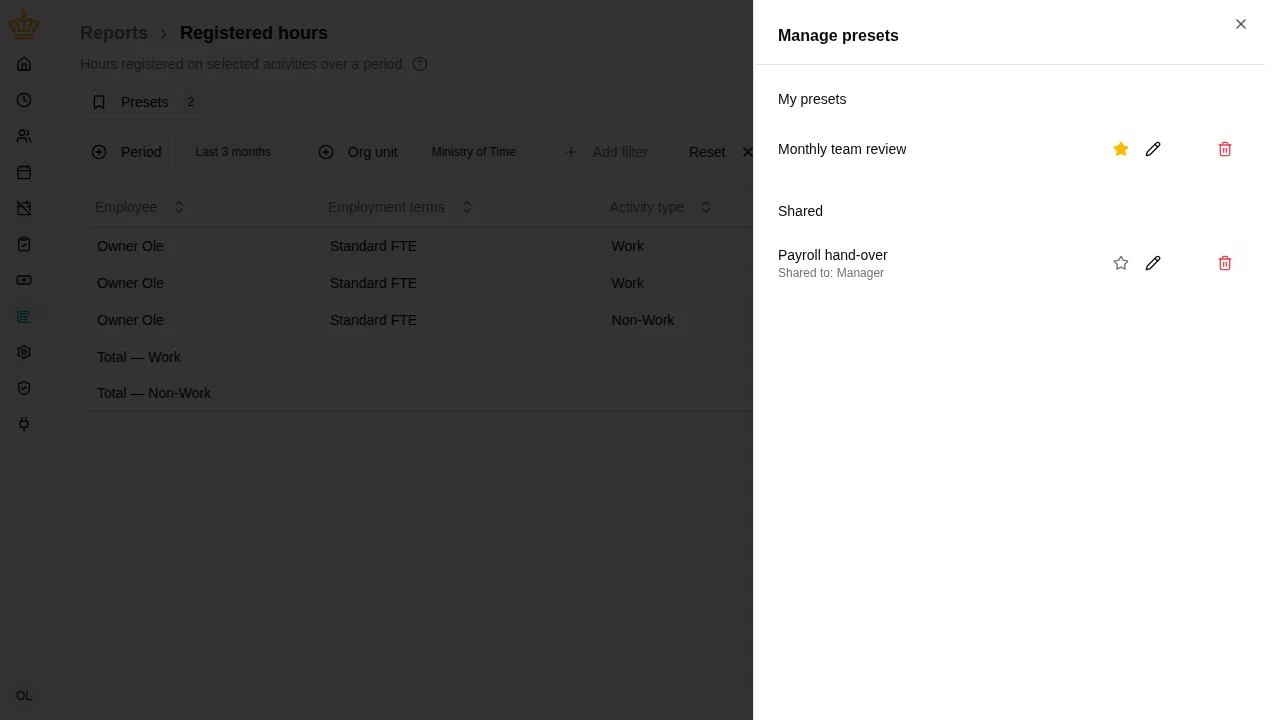 Manage presets panel listing personal and shared presets with their actions