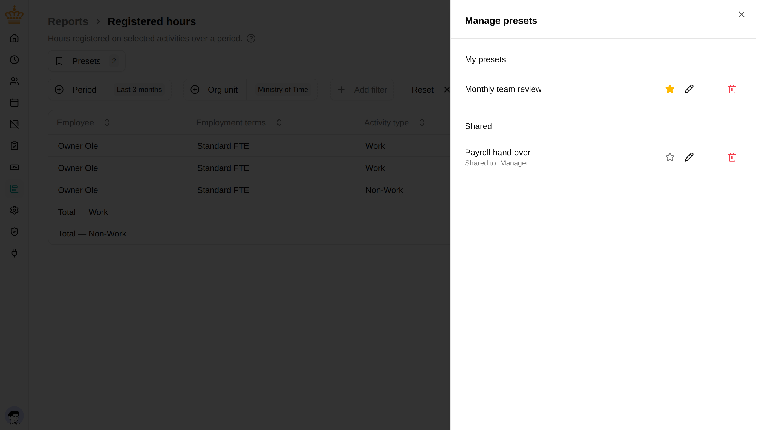 Manage presets panel listing personal and shared presets with their actions