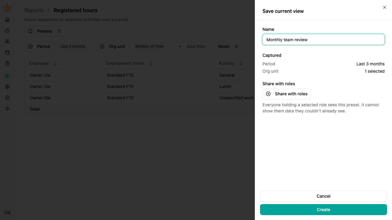 Save current view panel showing the name, what is captured, and role sharing