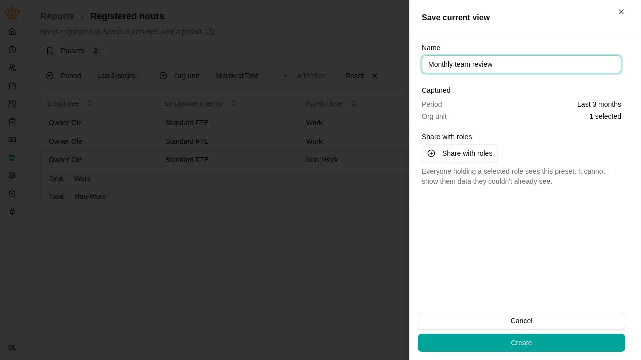 Save current view panel showing the name, what is captured, and role sharing
