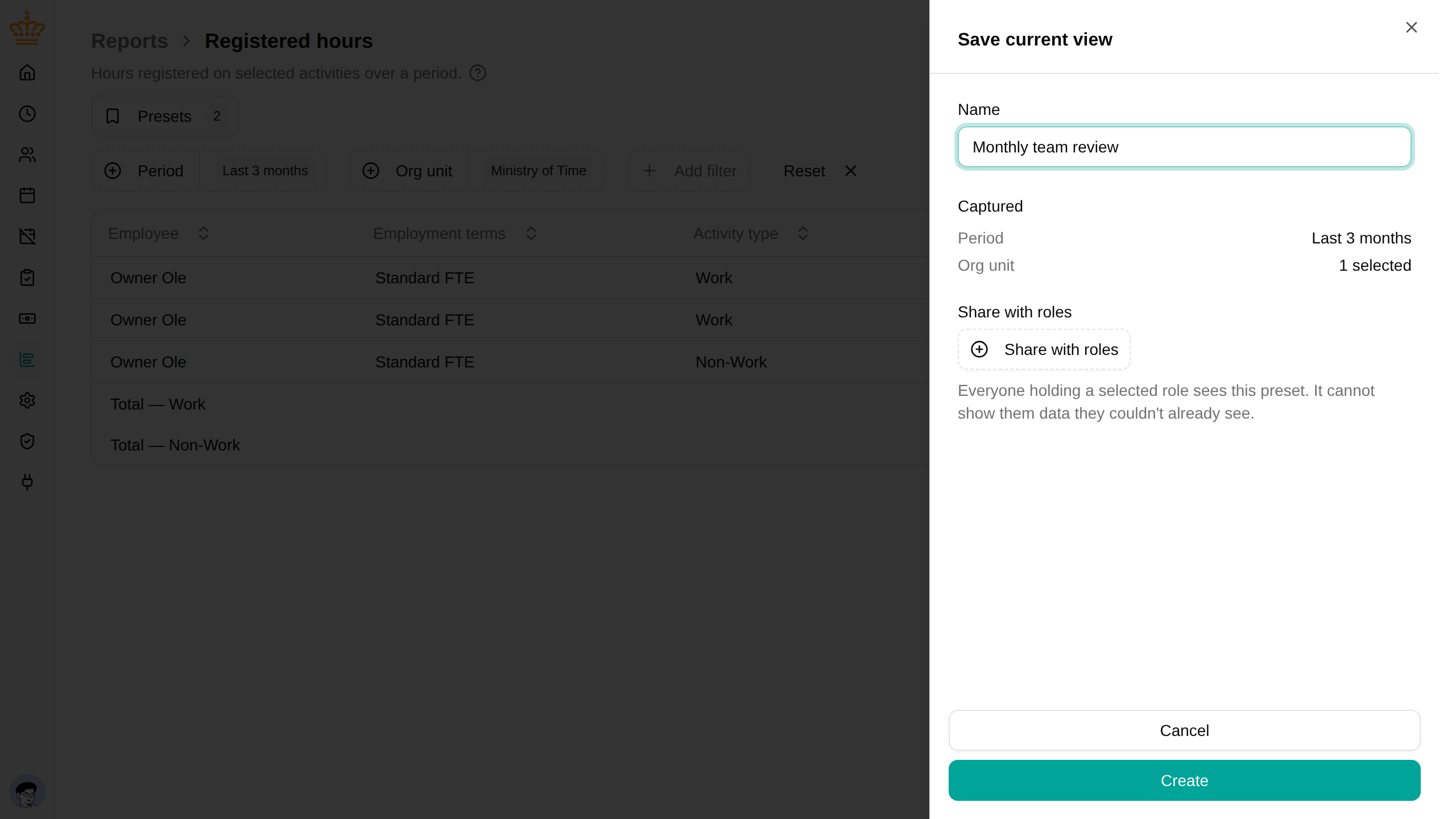 Save current view panel showing the name, what is captured, and role sharing