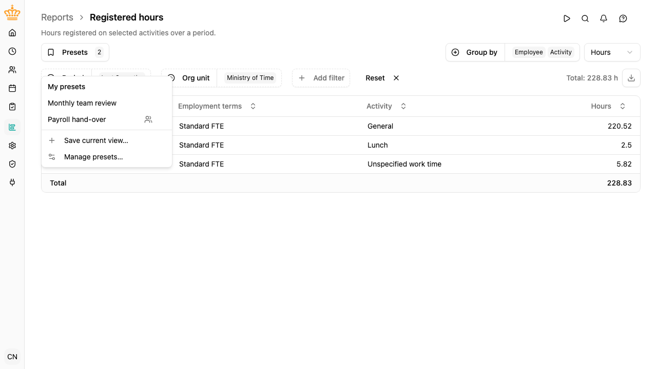 Presets menu on the Registered hours report, listing personal and shared presets