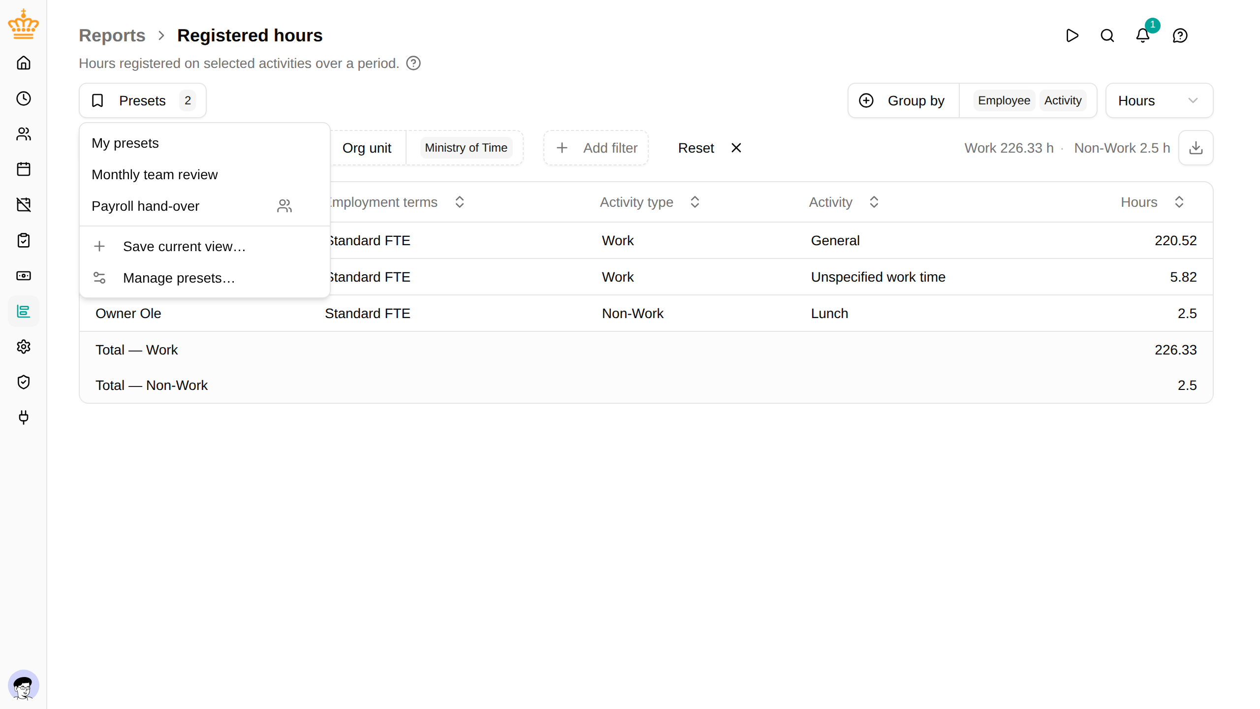 Presets menu on the Registered hours report, listing personal and shared presets