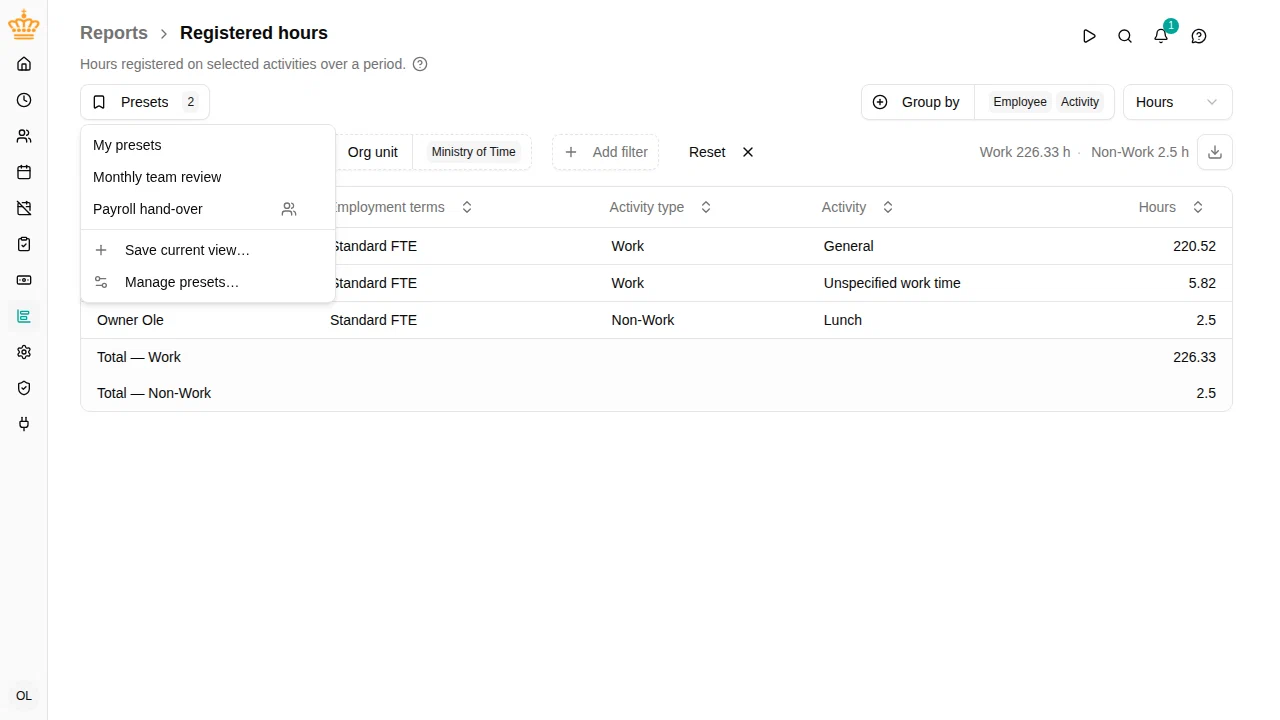 Presets menu on the Registered hours report, listing personal and shared presets