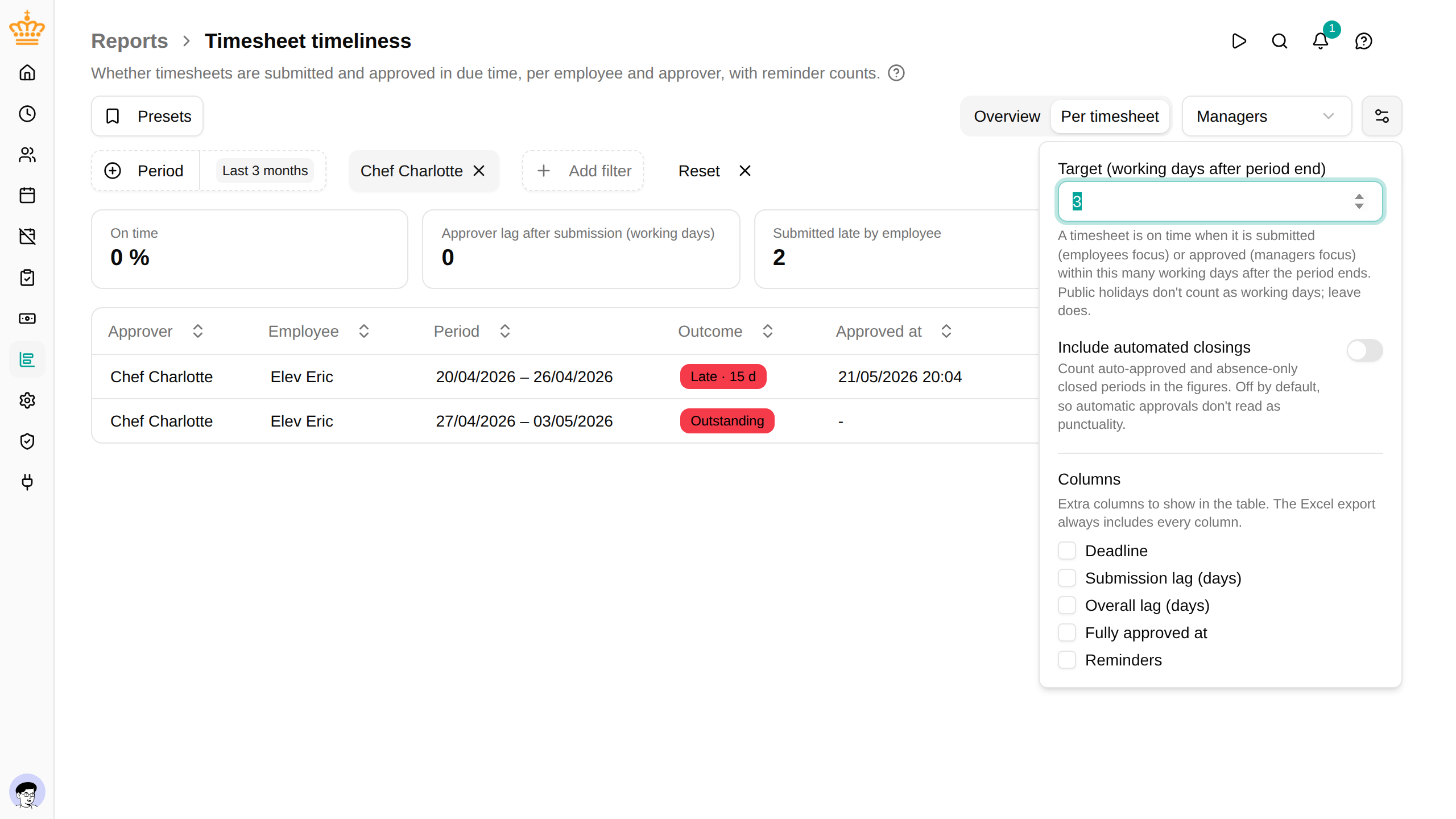The report settings: the target, automated closings and the optional columns