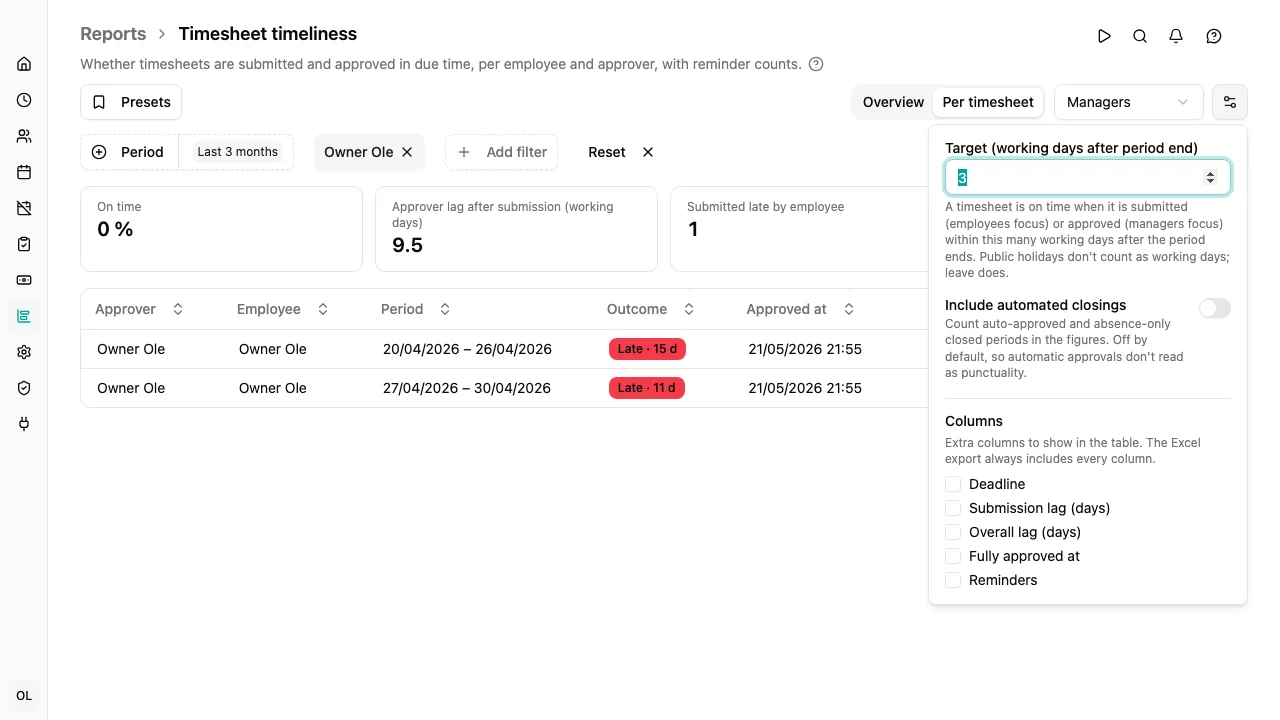 The report settings: the target, automated closings and the optional columns