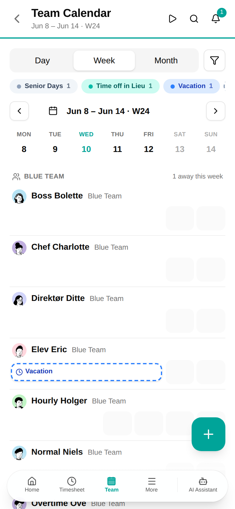 Team calendar week view on a phone