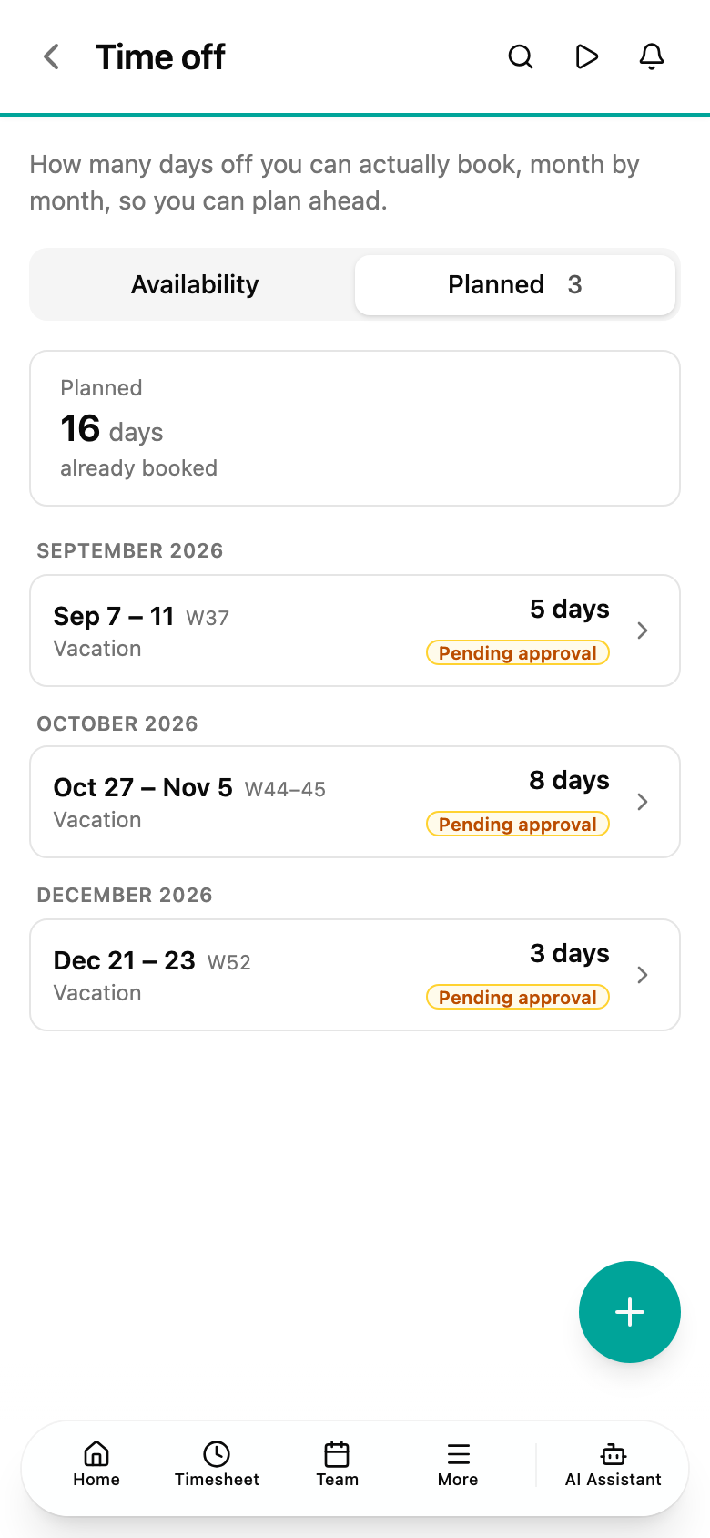 The Planned tab on a phone, listing each booking