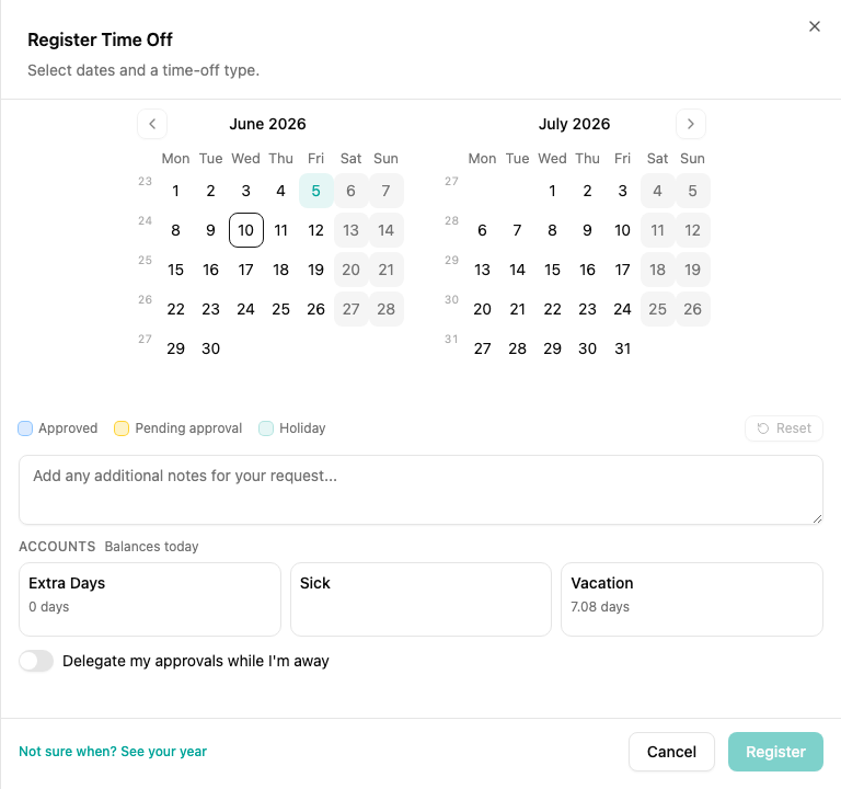 The request form before any date is picked, listing each account and what it holds