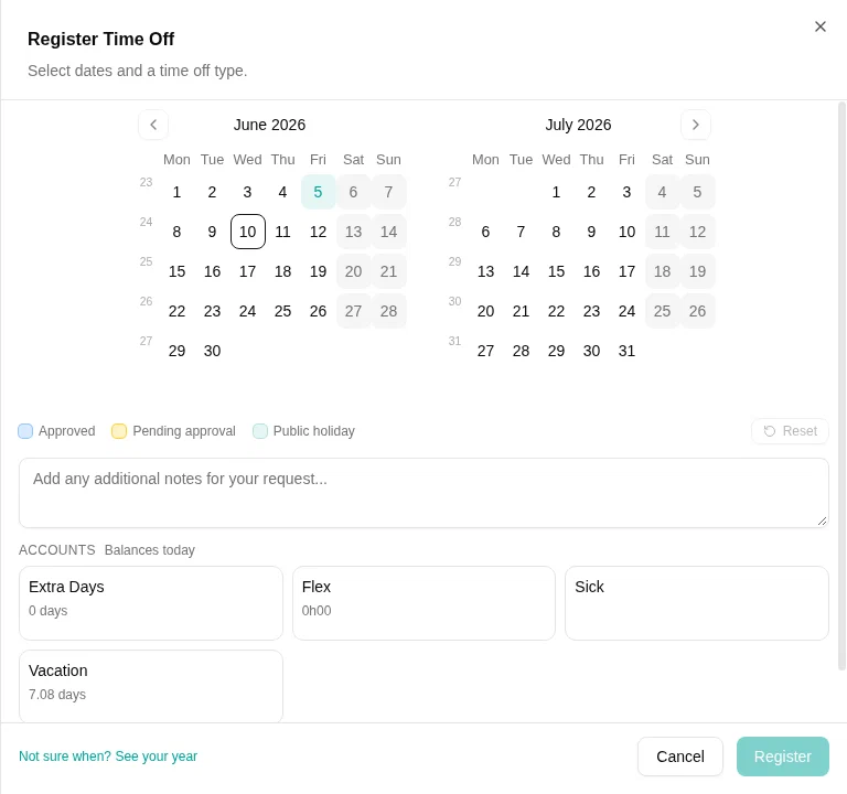 The request form before any date is picked, listing each account and what it holds