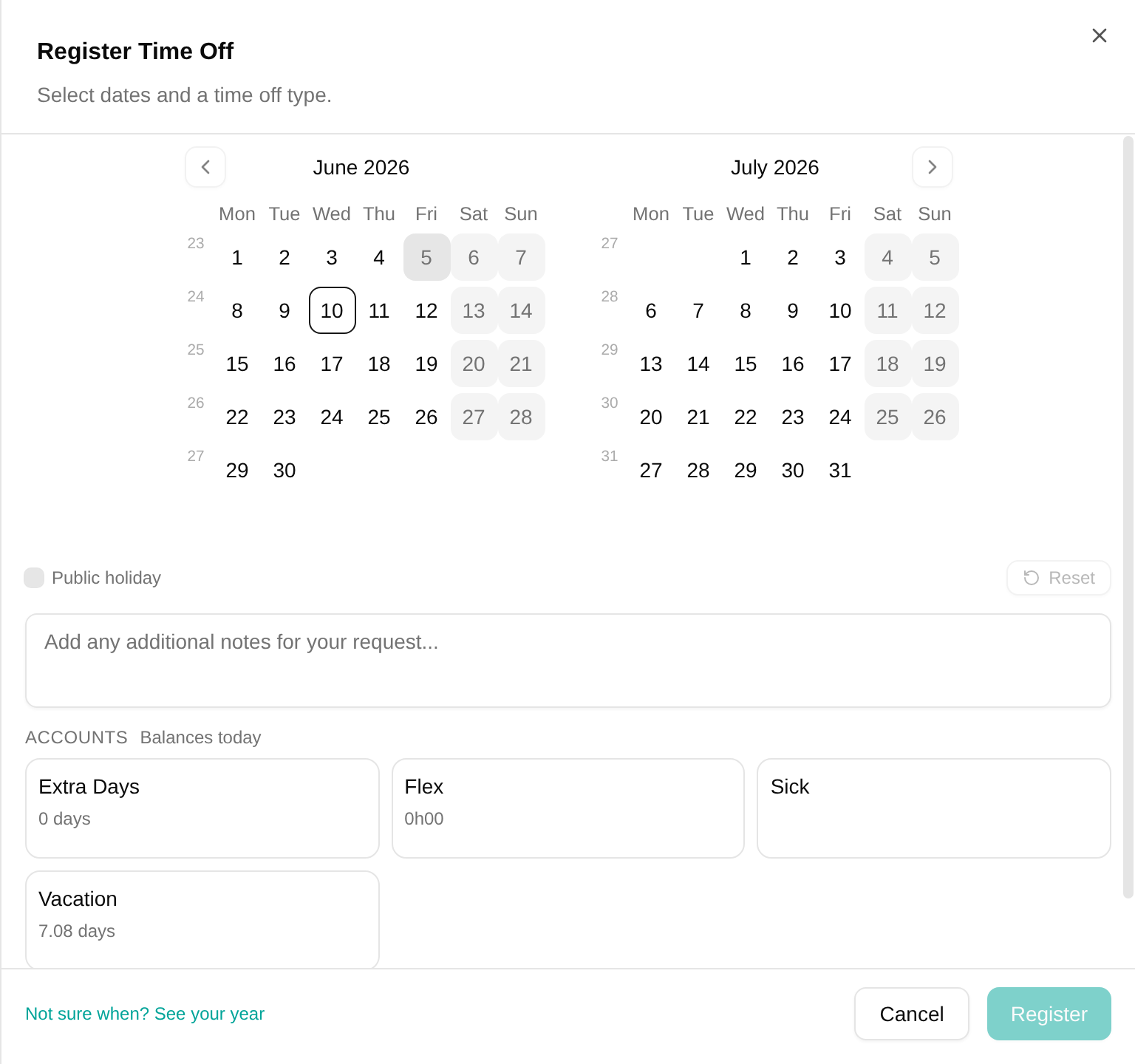 The request form before any date is picked, listing each account and what it holds