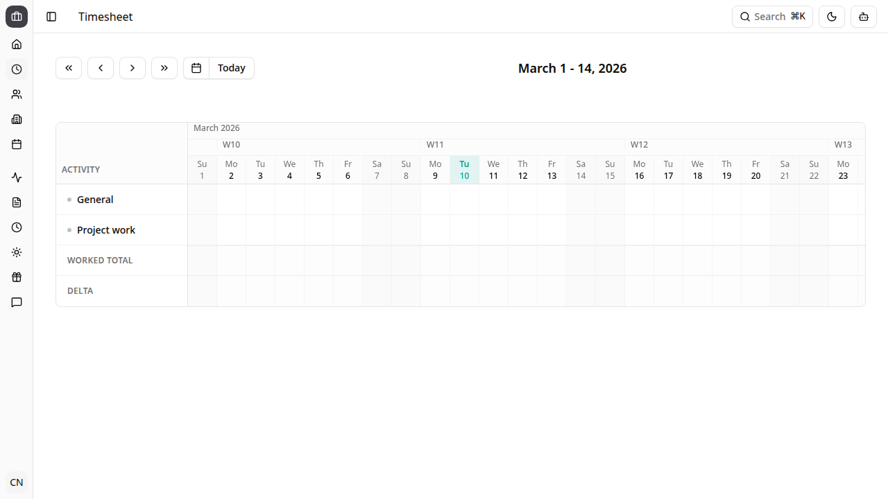 Timesheet with activity rows and daily totals