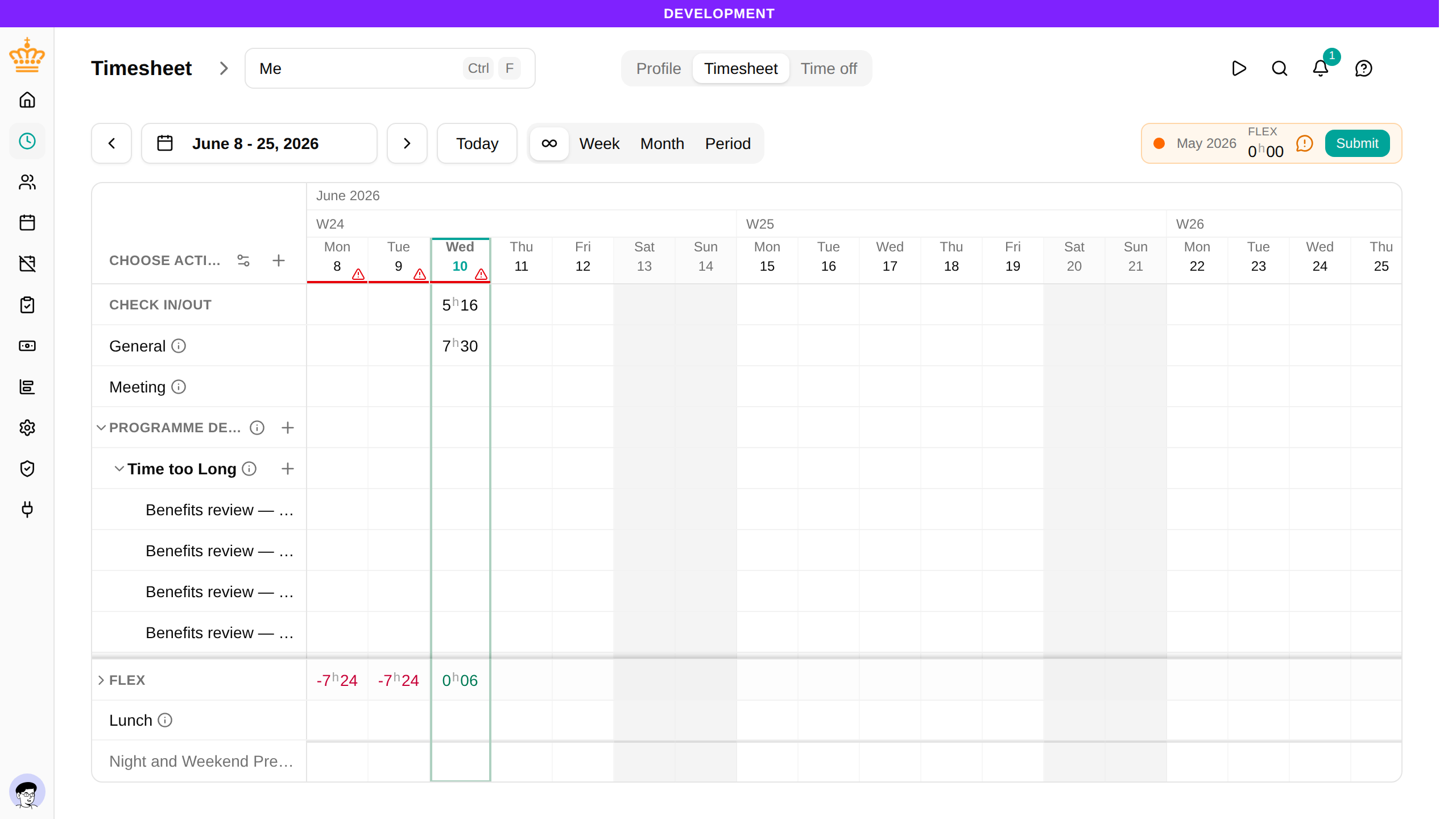 Timesheet with activity rows and daily totals
