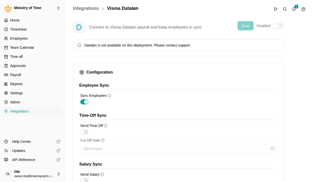 Dataløn integration detail page
