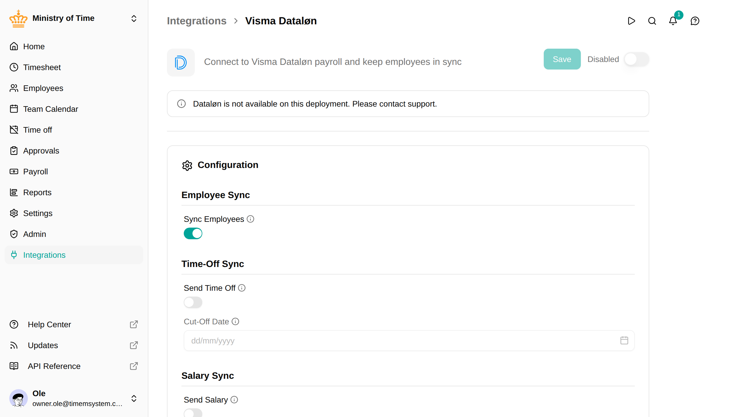Dataløn integration detail page