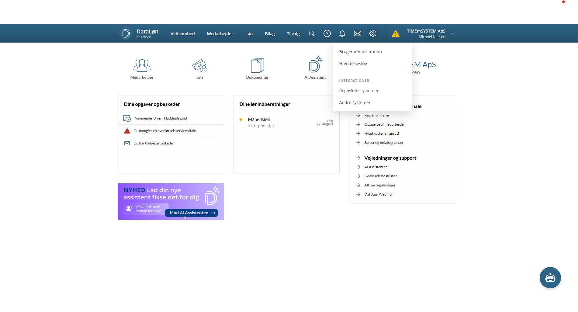 Dataløn settings menu with Andre systemer under Integrationer