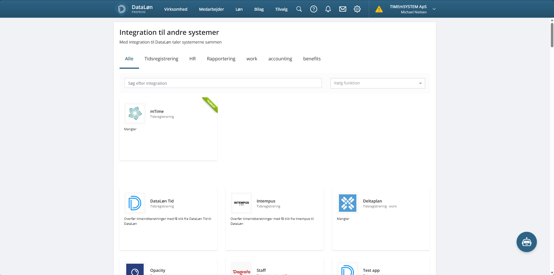 The mTime tile in Dataløn's integration gallery