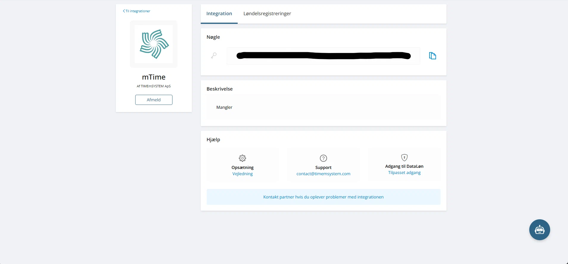 mTime-appsiden i Dataløn med integrationsnøglen