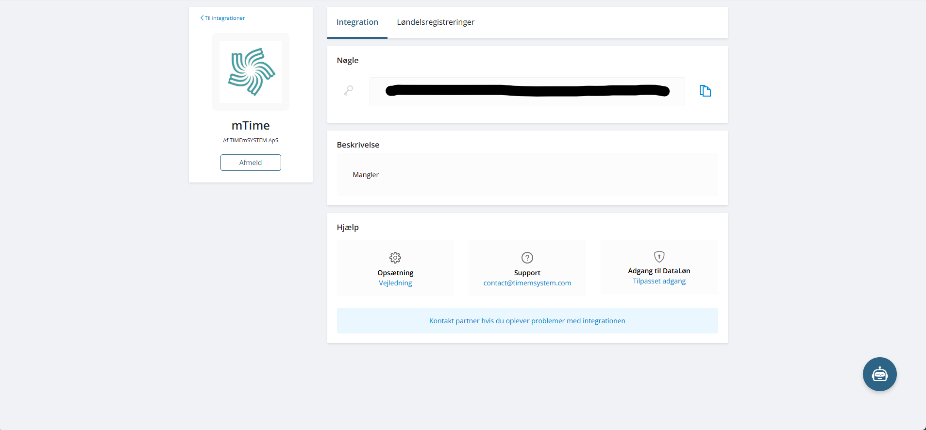 The mTime app page in Dataløn with the integration key