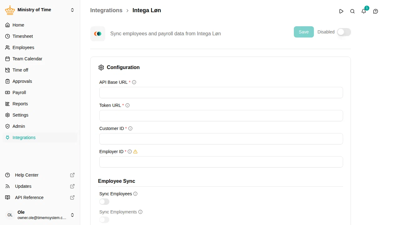 Intega Løn integration detail page
