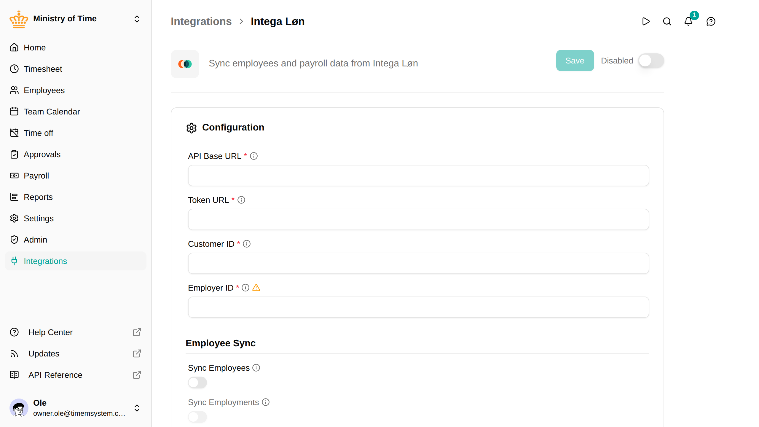 Intega Løn integration detail page