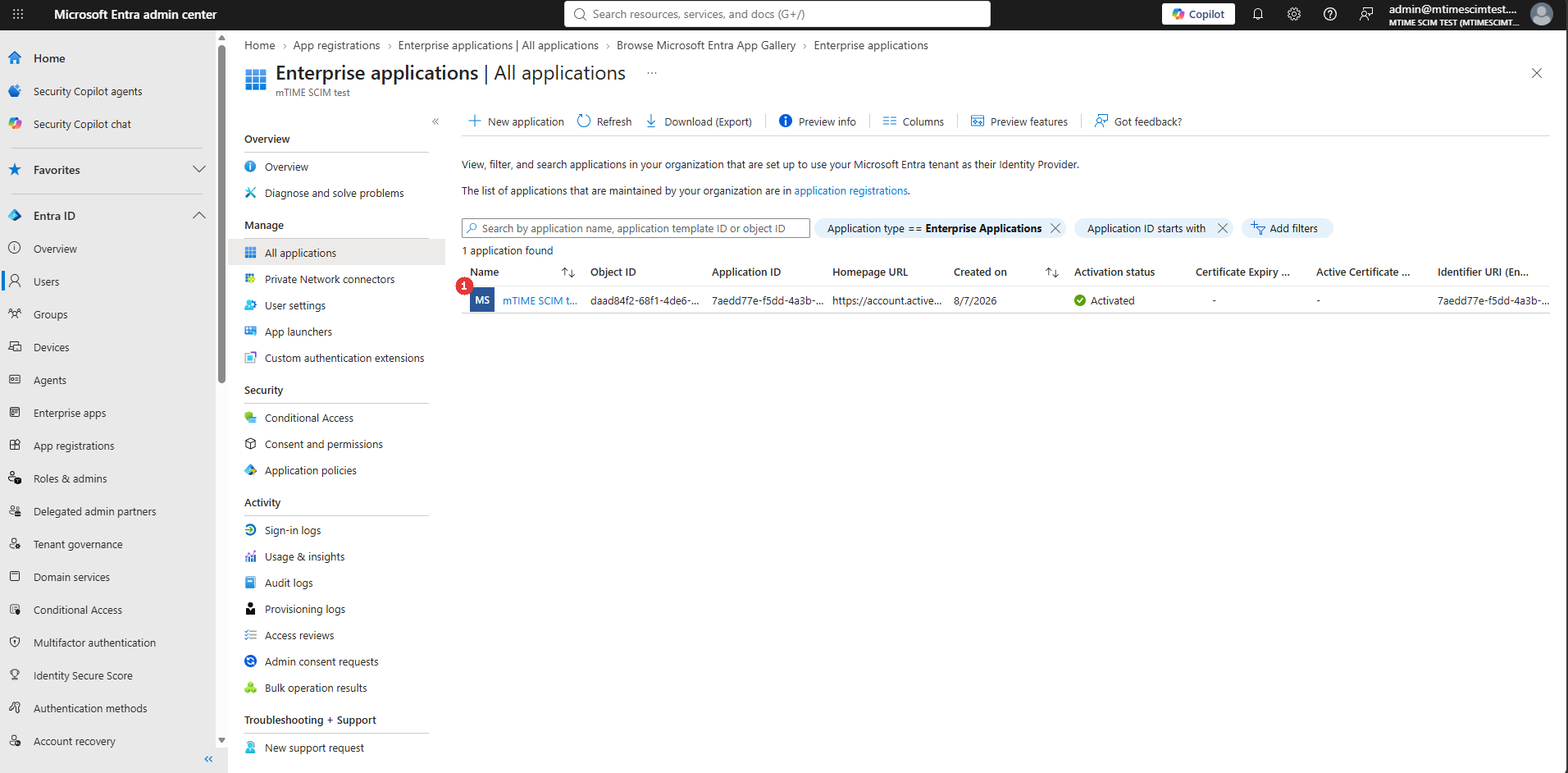 The mTime enterprise application in the applications list