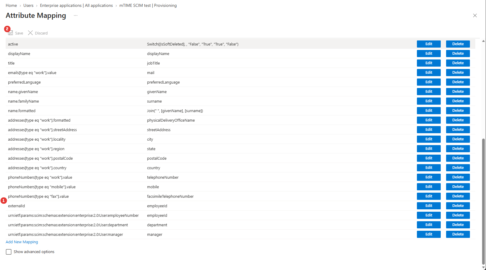 The Attribute Mapping list — externalId mapped to employeeId