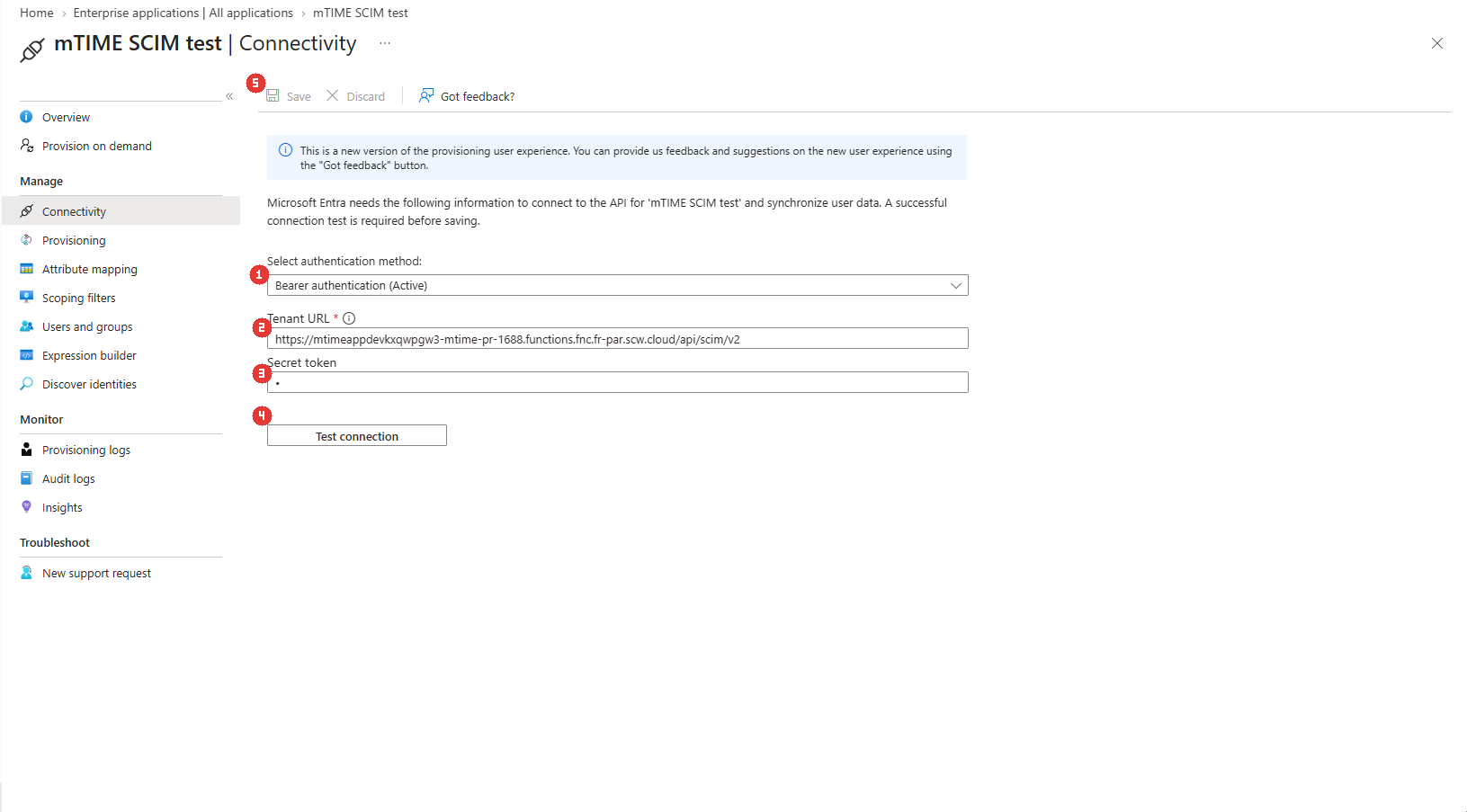Connectivity: Bearer authentication, the mTime tenant URL and the secret token, verified with Test connection