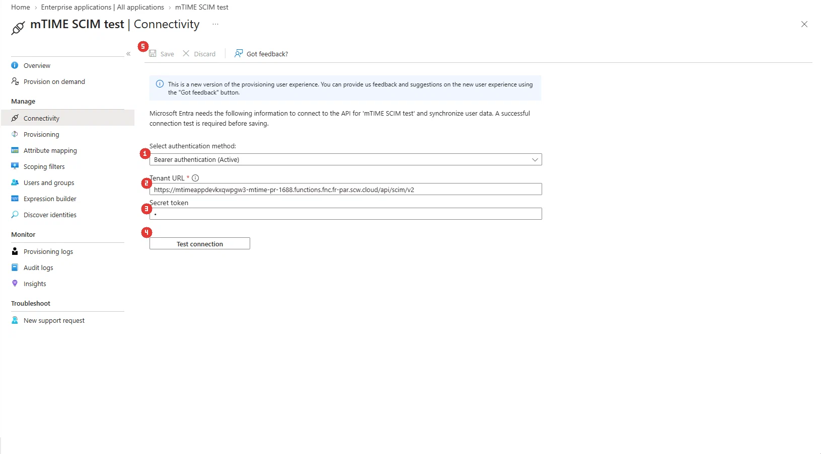 Connectivity: Bearer authentication, mTimes tenant-URL og det hemmelige token, afprøvet med Test connection