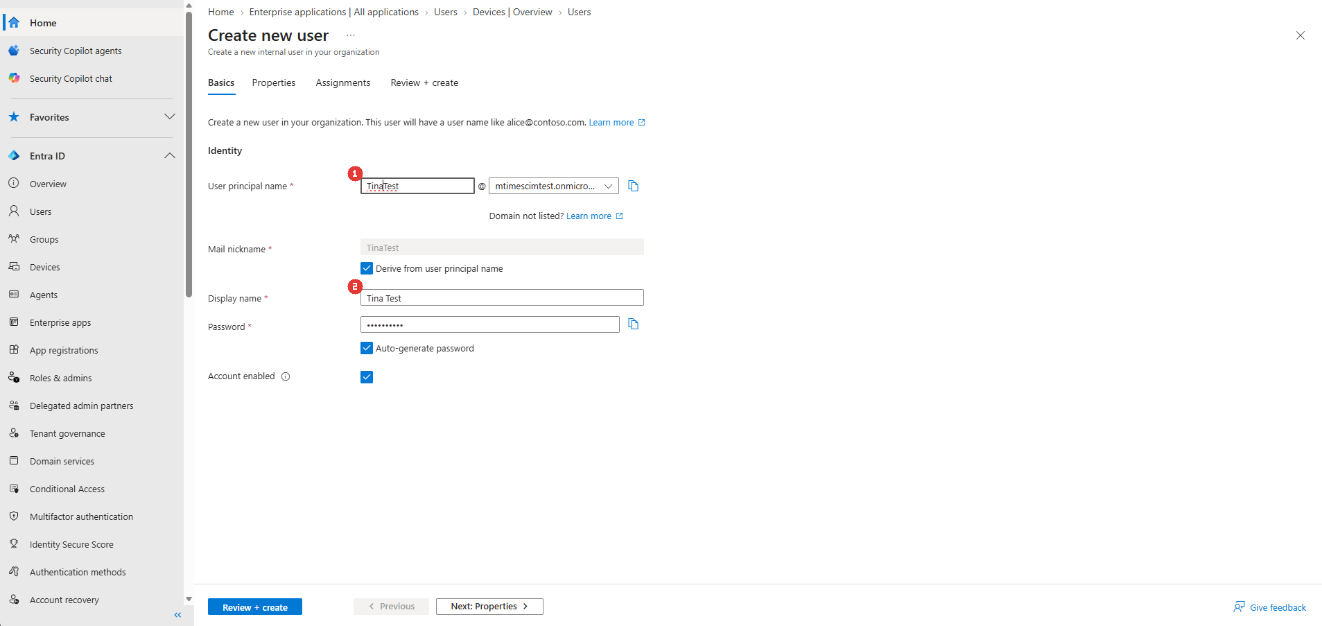 Create new user: the principal name and display name on the Basics tab