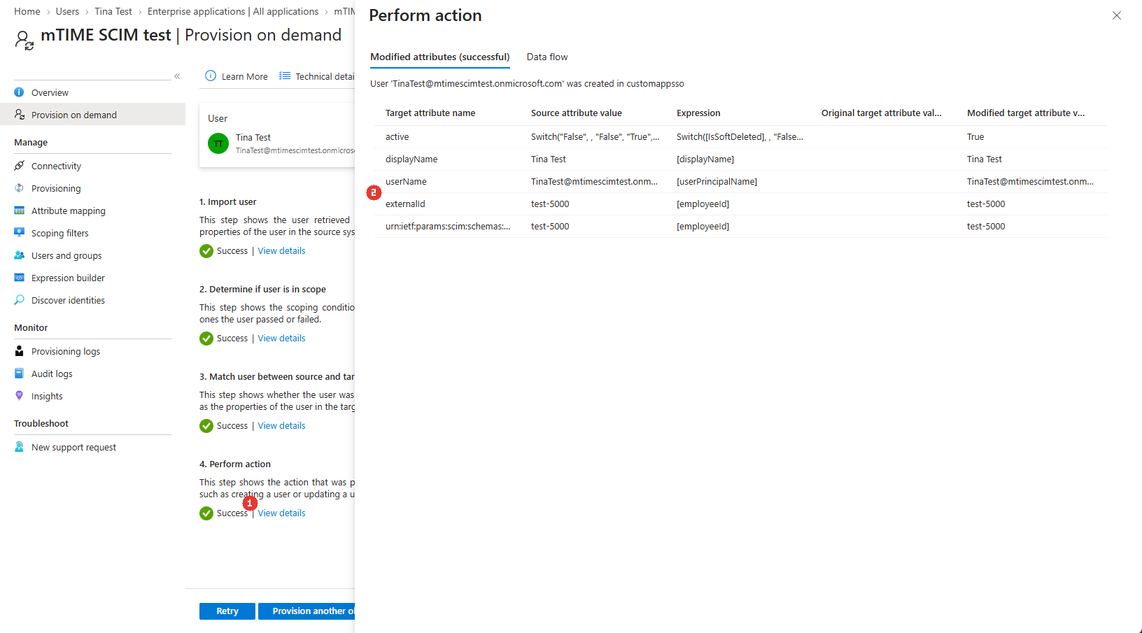 The Perform action details — externalId carries the stable employee number