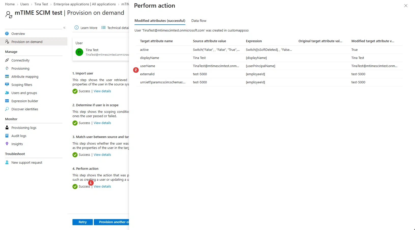 Detaljerne for Perform action — externalId indeholder det faste medarbejdernummer